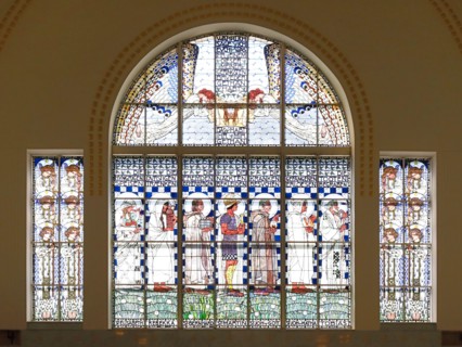 Stained glass window depicting Christian ideas and teachings in the Church of St. Leopold am Steinhof, Vienna