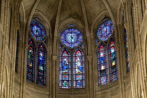 View of Stained Glass windows from inside Notre Dame de Paris