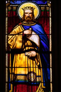 Stained glass window, Saint-Corentin Cathedral, town of Quimper, departament of Finistere, region of Brittany, France