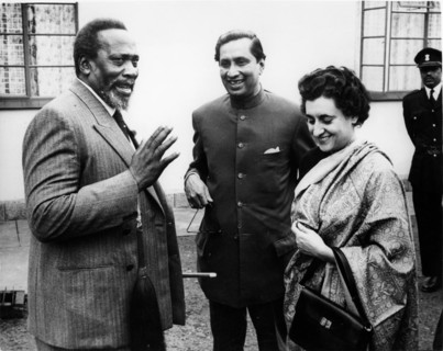 Indira Gandhi chatting with Jomo Kenyatta on his visit to India