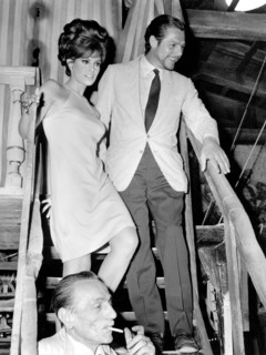 Raquel Welch and Marcello Mastroianni arriving at a club