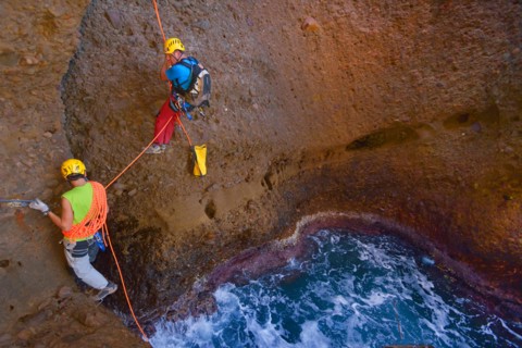 canyoning in the canyon called Souffleur on the cliff of La Ciotat, France, Provence, Calanques National Park, La Ciotat