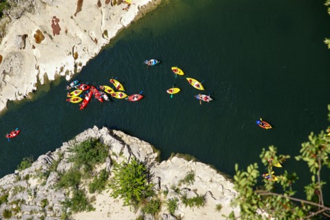 Kayaks in Gorges de l'Ardèche The Ardeche River gorge, Provence, France