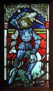Saint George. Gothic stained glass window from 15th century. Krivoklat Castle, Czech Republic. Exhibition 'Castles and Chateaux: Rediscovered and Celebrated' at the Prague Castle Riding School in Prag...