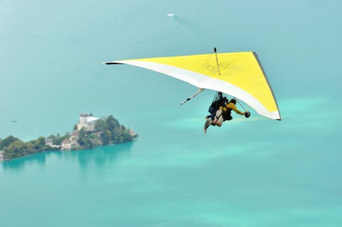 Paraglider tandem flight at Col de la Forclaz;  French Alps, France