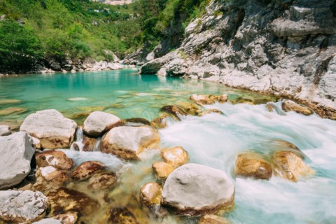 Amazing beautiful mountain river Le Verdon in the Verdon Gorge in south-eastern France. Provence-Alpes-Cote d'Azur.
