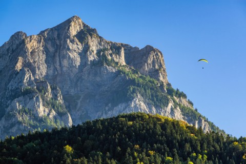 Paragliding at the Grand Morgon (Pic de Morgon) in Summer. Serre Poncon Lake, Savines-le-Lac, Hautes Alpes, France