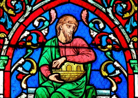 Noah and his Ark on a Stained Glass window in Notre Dame Cathedral of Paris, France.