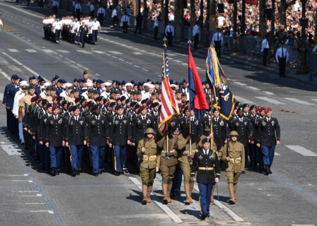 U.S. soldiers, sailors, marines and airmen assigned to units in Europe march down the Champs Élysées during the annual Bastille Day military parade July 14, 2017 in Paris, France. U.S. President Donal...