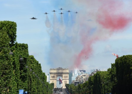 U.S. F-35 Fighter aircraft and the USAF Thunderbirds perform a flyby over the Arc de Triomphe during the annual Bastille Day military parade July 14, 2017 in Paris, France. U.S. President Donald Trump...