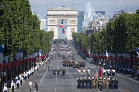 U.S. soldiers, sailors, marines and airmen assigned to units in Europe march down the Champs Élysées during the annual Bastille Day military parade July 14, 2017 in Paris, France. U.S. President Donal...