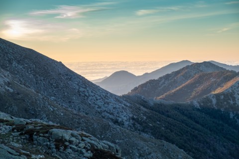 Sunset from refugee Petra Piana, Corsica, France in may 2017