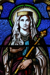 Vault de Lugny church.  Stained glass window. Sainte Clotilde.  France.