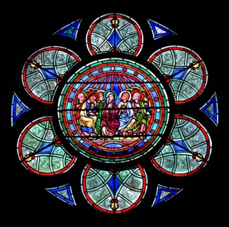 Paris, France. Notre Dame cathedral / Notre-Dame de Paris on Isle de la Cite. Stained glass window