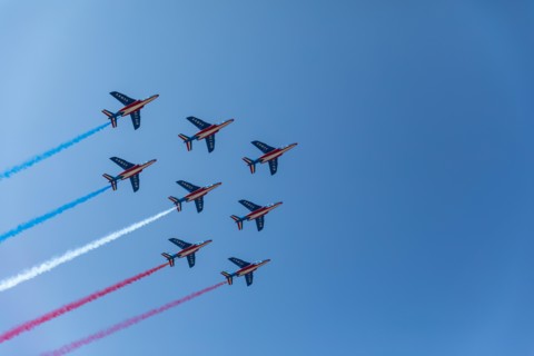 Patrouille de France (French Acrobatic Patrol) with blue white and red smoke