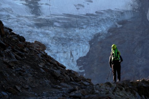 Mountain hiker during the ascent of Mont Blanc along the regular route via Gouter Refuge. Frenh Alps.   France.