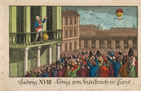 Print shows Madame Madeleine Sophie Blanchard in balloon above Pont Neuf, Paris, May 3, 1814, waving a flag in each hand to greet King Louis XVIII and the Queen on their return to Paris following the ...