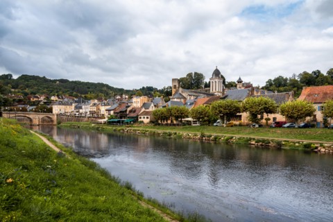 View of Montignac and the Vezere River in the Perigord region of France