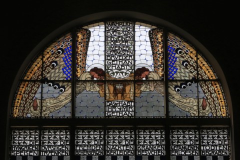 Am Steinhof church (church Leopld). Stained glass by Koloman Moser. The Veil of Veronica. Steinhof Church built by Otto Wagner between 1902 and 1907.