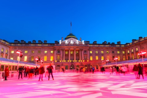 Somerset House, London, UK, 13th November 2019. Visitors enjoy skating on the pristine ice in the beautifully illuminated surroundings of Somerset House, as the annual 'SKATE' ice rink opens to the pu...