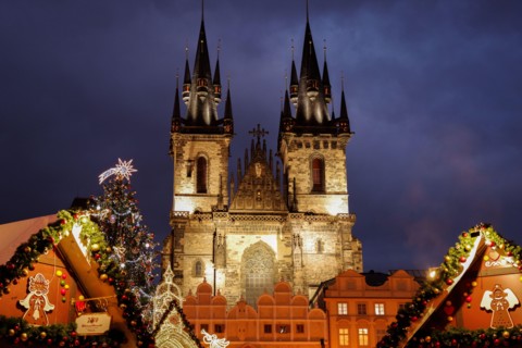 Towers of Church of Our Lady on a clear December evening in the Old Town of Prague, Czech Republic