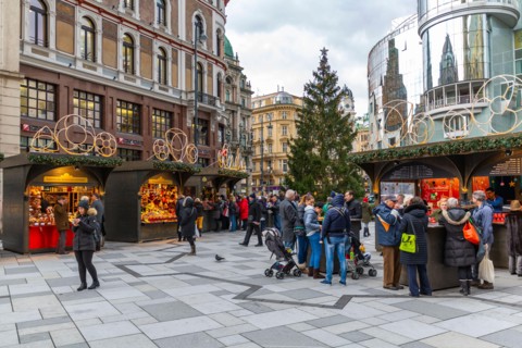 View of Christmas Market and tree in Stephansplatz, Vienna, Austria, Europe