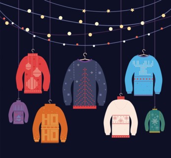 Ugly sweater. Christmas sweaters with different cute prints and ornaments, new years party greeting card decor, vector dark blue background