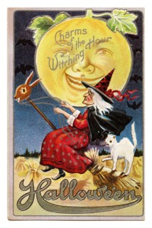 Vintage Halloween greeting card / postcard. Early 1900s. Charms of the Witching Hour.
