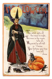 Vintage Halloween greeting card / postcard. Early 1900s. A witch with mice.
