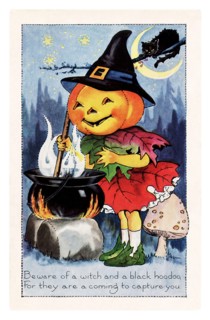 Vintage Halloween greeting card / postcard. Early 1900s. A pumkin with a kettle. A black cat in the background.
