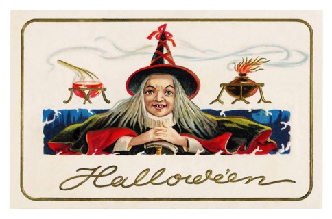 Vintage Halloween greeting card / postcard. Early 1900s. A witch wishes a happy halloween. Something cooking in the background.
