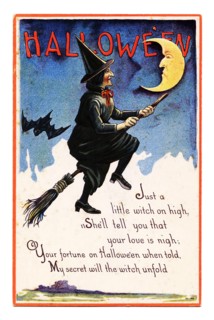 Vintage Halloween greeting card / postcard. Early 1900s. A Witch riding a broom.