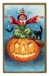 Vintage Halloween greeting card / postcard. Early 1900s. A Witch and a black cat on a Jack-o'-lantern.