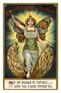 Vintage Halloween greeting card / postcard. Early 1900s. A Lucky Halloween. A girl and a nutshell.