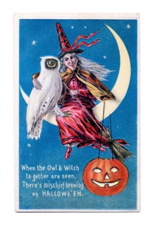Vintage Halloween greeting card / postcard. Early 1900s. A Witch sitting on the Moon with an owl.