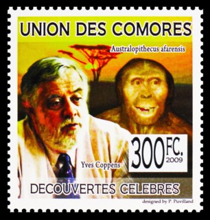 MOSCOW, RUSSIA - JUNE 12, 2022: Postage stamp printed in Comoros shows Yves Coppens, Australopithecus afarensis, Famous discoveries serie, circa 2009