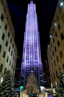 New York. Manhattan. United States. The Rockfeller Center illuminated by night
