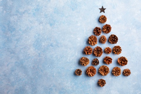 Creative Christmas tree made from fir cones on blue background