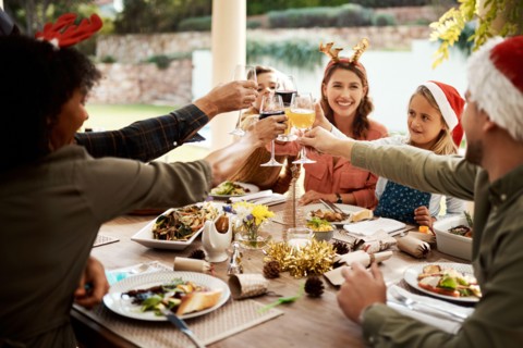 Nothing brings family together like Christmas. a family making a toast on Christmas day.