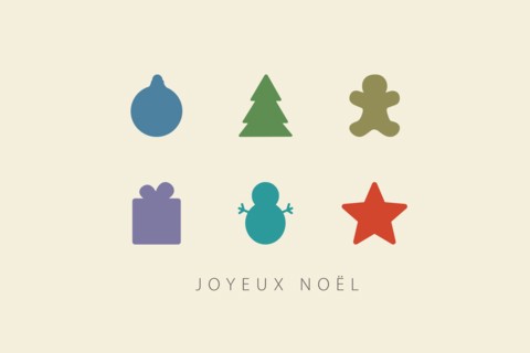 Greeting card with Merry Christmas lettering  in French (Joyeux Noël) and christmas decorations