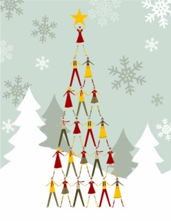Christmas tree made of people with a yellow star on the top over a snowy background. Vector file available.