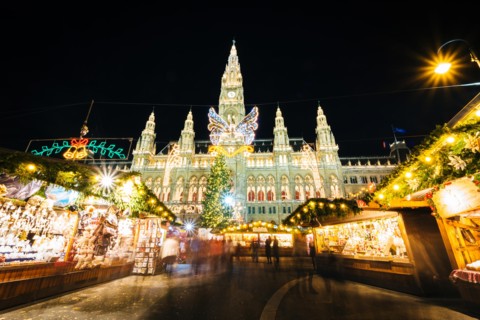 Christmas Market at Rathausplatz at night, in Vienna, Austria.