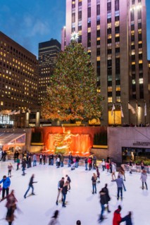 Lower Plaza of Rockefeller Center with ice skating rink and Christmas tree, Manhattan, New York, USA