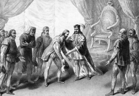 Vasco de Gama. The Portuguese explorer, Vasco da Gama, 1st Count of Vidigueira (c. 1460–1524), being greeted by King Manuel I in 1499  after his return from discovering the first sea route to India.