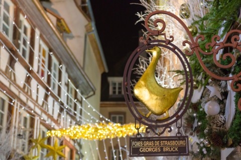 Sign of "La boutique du Gourmet Georges BRUCK’S Foie Gras", along the Carré d’Or Strasbourg, Alsace, wine route, France