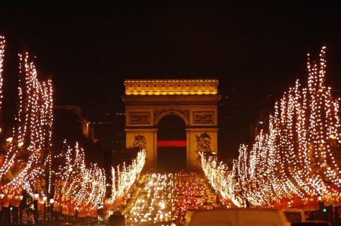 Arc de triumphs, triumphal arch, Christmas lighting, Champs Elysees, Paris, France,