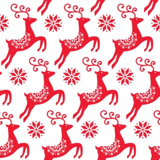 Scandinavian folk art Christmas vector pattern, Nordic red seamless design with reindeer and snowflakes  Xmas cute vector wallpaper, Norwegian repetit