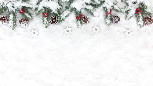 Christmas Background with snow, white wooden christmas stars, snowy pine cones, red berries and natural fir tree twigs. Top View.