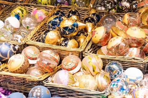Beautiful colorful christmas decorations and balls in Wien Rathaus Market, Austria
