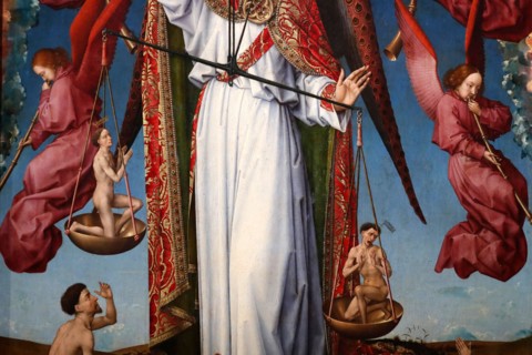 Hospices de Beaune museum.  Rogier Van Der Weyden (1399-1468) polyptych altarpiece. Detail.  The last Judgment.  Archangel Saint Michael weighing soul